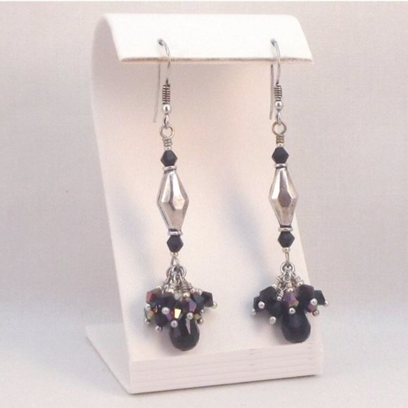 Silver, Rainbow and Black Crystal Cluster Earrings - Picture 1 of 3